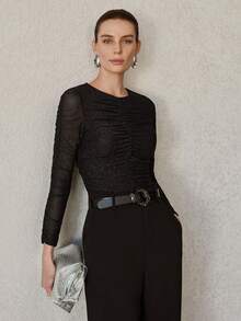 MOTF PREMIUM FASHIONABLE SHINY GATHERED RUCHED DETAIL STRETCHY KNIT LONG SLEEVE T-SHIRT, AUTUMN/WINTER - Black - View 6