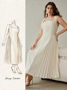 MOTF PREMIUM PLUS ELEGANT ROMANTIC PLEATED U-NECK SLEEVELESS DRESS, SPRING/SUMMER - Beige - View 8