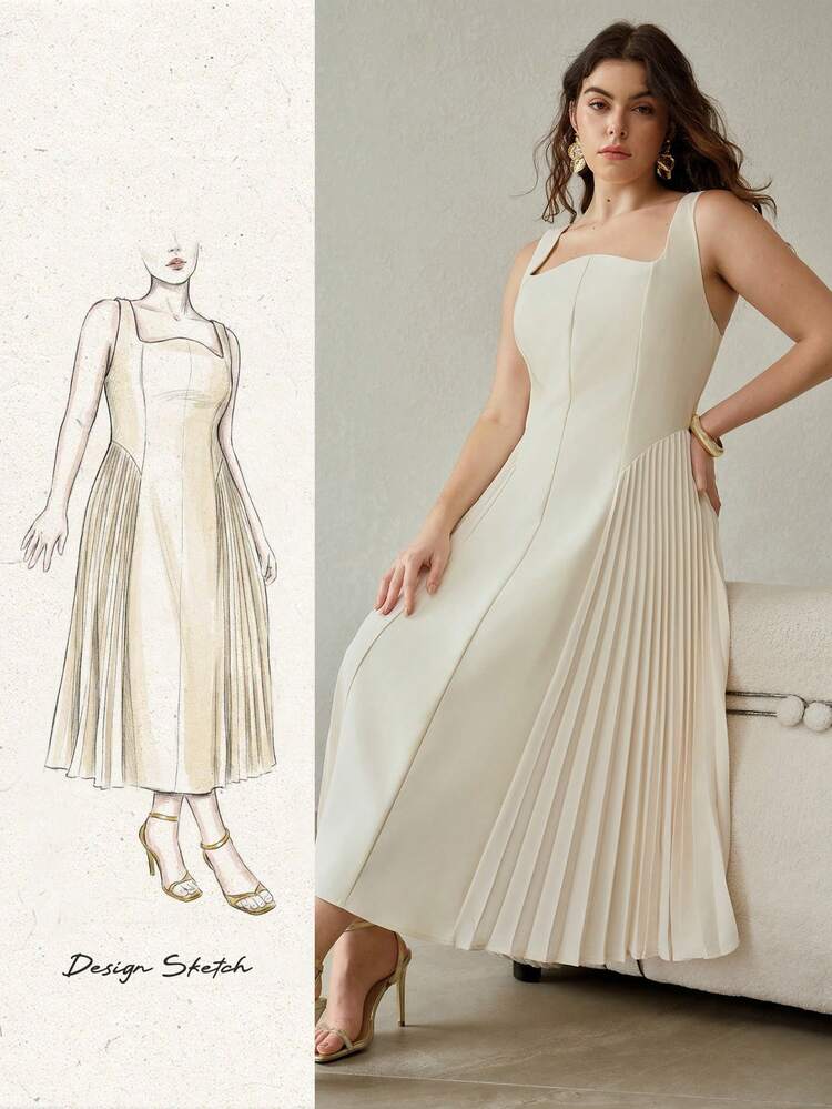 PLUS ELEGANT ROMANTIC PLEATED U-NECK SLEEVELESS DRESS, SPRING/SUMMER