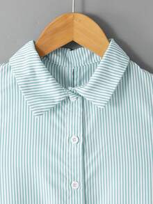 SHEIN Kids Tween Girls' Elegant Sleeveless Woven Blouse With Bow Decor,Blue And White Stripe,Summer,Casual,School,Back-To-School,Tween Tops For Girls - Mint Blue - View 3