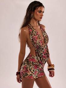 SHEIN BAE Leopard Floral Pattern Sexy Halter Backless Top And Mini Skirt 2 Pieces Set - Brown - View 3