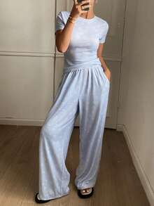 DAZY Cute Apple Print All-Over Knit Women Pajama Set - Blue - View 4