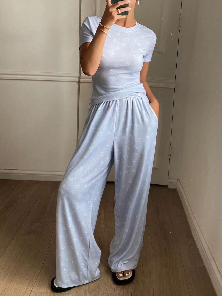DAZY Cute Apple Print All-Over Knit Women Pajama Set - Blue - View 1