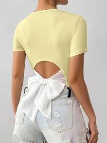 SHEIN Glamour Áo thun crop top buộc dây hở lưng kiểu dáng thường ngày mùa hè - Kem - Xem 3