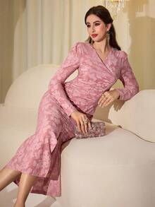 Modelyn V-Neck Pleated Cutout Knit Elegant Dress - Pink - View 6