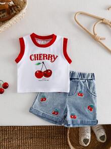 SHEIN 女婴圆领字母樱桃印花无袖T恤搭配松紧腰短裤，休闲日常穿搭 - 紅色 - 查看 1