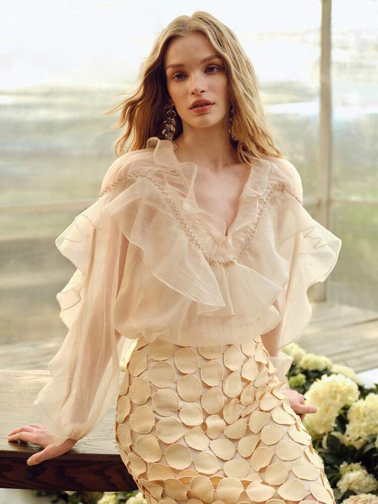 WOMEN'S V-NECK RUFFLE DESIGN LOOSE ROMANTIC LONG SLEEVE BLOUSE, SPRING/SUMMER