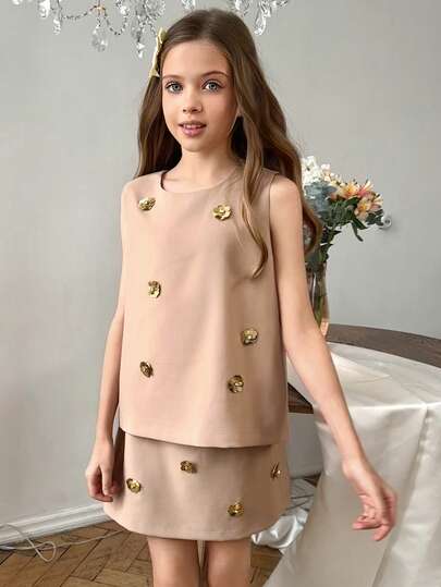 DAZY Plus Size Girls Sequin Decor Sleeveless Jacket & Skirt Set