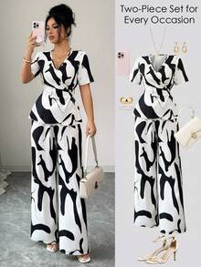 Elenzga Women's Black Contrast Color Print Waist Tie Design Top And Straight Leg Pants 2 Piece Set, Suitable For Outings And Home Wear, Spring/Summer - Multicolor - View 1