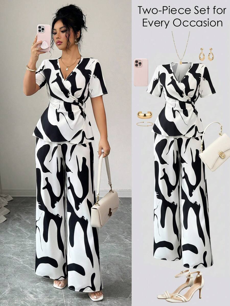 Elenzga Women's Black Contrast Color Print Waist Tie Design Top And Straight Leg Pants 2 Piece Set, Suitable For Outings And Home Wear, Spring/Summer - Multicolor - View 1