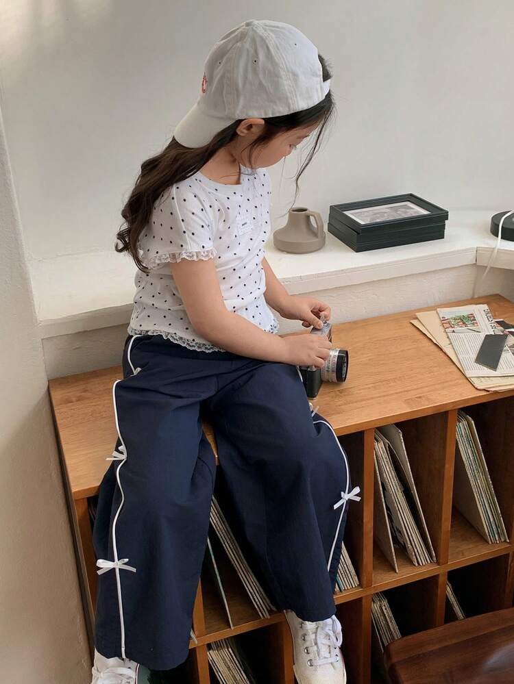 Young Girl Letter & Polka Dot Print Round Neck Short Sleeve T-Shirt And Pants Casual Outfit