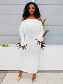 Steph T Siren Gaze New Women's Elegant Solid Color Fringe Detail Off Shoulder Sweater Dress, Autumn/Winter,Splicing Fur White Dres,Old Money Style Women - White - View 1