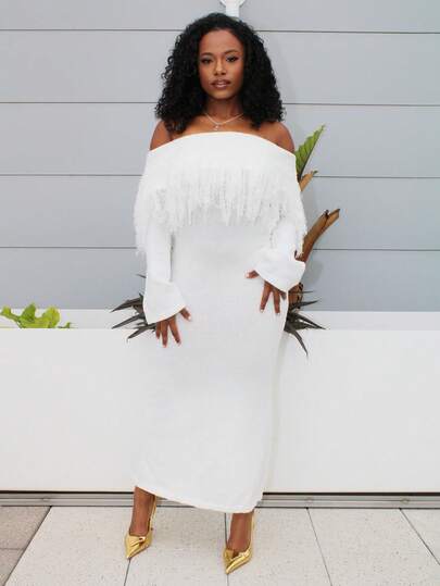 Steph T Siren Gaze New Women's Elegant Solid Color Fringe Detail Off Shoulder Sweater Dress, Autumn/Winter,Splicing Fur White Dres,Old Money Style Women