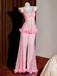 SHEIN 2pcs/Set Cherry Blossom Pink Lace Camisole Top & Hollow-Out Jacquard Knit Ruffle Hem Pajama Pants - Pink - View 3