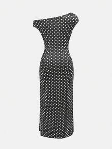 SHEIN Firerie Kids 少女黑色白色波點夏季優雅高貴派對復古法式不對稱肩貼身針織長洋裝，返校季，少女 - 黑色 - 查看 2