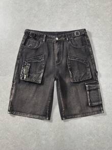 ROMWE MEN 男士休闲宽松工装口袋牛仔短裤 - 黑色 - 查看 1