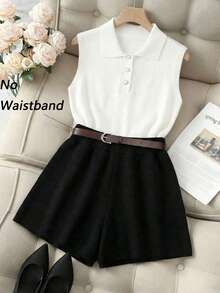 SHEIN Franclia 休闲通勤风翻领短袖针织上衣，饰有金属扣，搭配黑色休闲针织短裤，春夏款 - 黑與白 - 查看 2