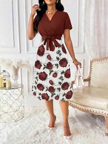 Xyvia 女士印花重叠V领短袖优雅连衣裙长款女装 - 棕色 - 查看 6