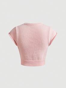 ROMWE Goth Chic Skull & Cherry Embroidered Cropped Short Sleeve Knit Top For Women, Autumn New Style - Baby Pink - View 2