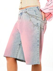 SUMWON WOMEN Knee Length Denim Ombre Bermuda Shorts With Pink And Blue Tie Dye Wash Effect High Rise Baggy Fit Raw Hem - Blue - View 6