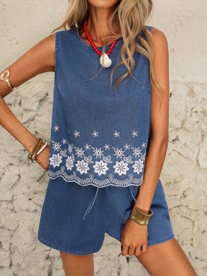 Brillora Women's Floral Embroidery Denim Sleeveless Top And Denim Shorts Casual Suit Summer Outfit For Women Spring Clothing Easter Set Festival Outfits For Women Beach Outfits For Women Casual Set For Women Vacation Outfits Women Vacation Set Women's Denim Tank Top And Drawstring Shorts Set With Floral Embroidery Summer Two Piece Outfit