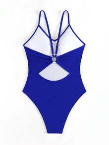 Swim Basics Women's Solid Color Spaghetti Strap Backless One-Piece Swimsuit, Suitable For Summer Beach - Blue - View 5