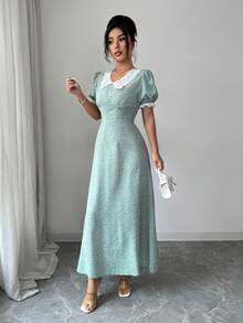 Modelyn French Ditsy Floral Puff Sleeve Waist Cinched Slim Fit Dress - Green - View 4