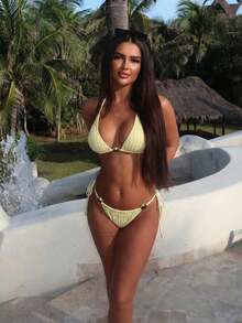 Bonvoyette Bộ 2 món bikini nữ không gọng, màu trơn, kiểu buộc dây cổ, hở lưng, gợi cảm. - Màu vàng - Xem 4