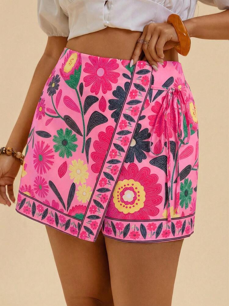 Travachic Plus size bohemian casual vakantie strandshorts met strikversiering en ruches aan de zoom voor dames - Roze - Bekijken 3