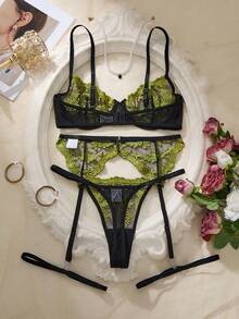 Women Floral Embroidery Spaghetti Strap Bra, Thong Panty, Garter Belt & Leg Garter Sexy Lingerie Set, Daily Wear - Olive Green - View 2