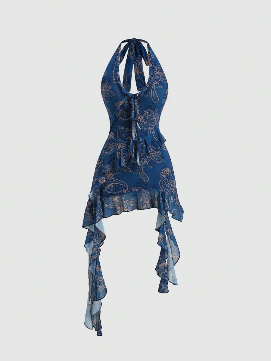 Sweetra Đầm nữ màu xanh họa tiết Paisley, cổ yếm, thắt eo, dáng ôm, phối bèo nhún, thiết kế bất đối xứng, gợi cảm phong cách Boho, thích hợp cho mùa hè và kỳ nghỉ biển. - Màu xanh lam - Xem 1