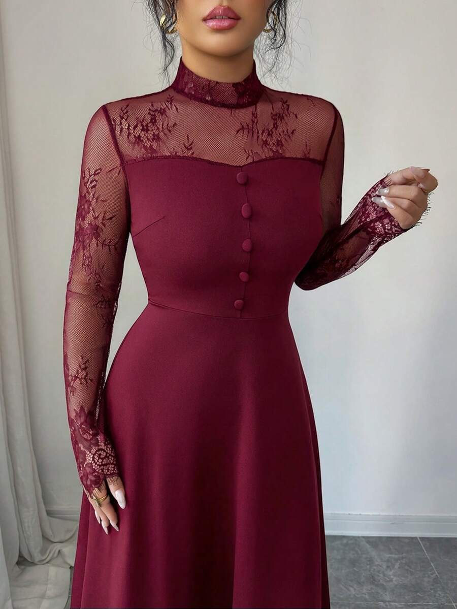 Modelyn Women's Elegant French Style Lace Patchwork Midi Dress, Suitable For Party And Gathering - Burgundy - View 1