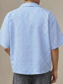 SWAVVY Camisa de manga corta con aplicación de cuadros para hombre, primavera/verano - Azul - Ver 2