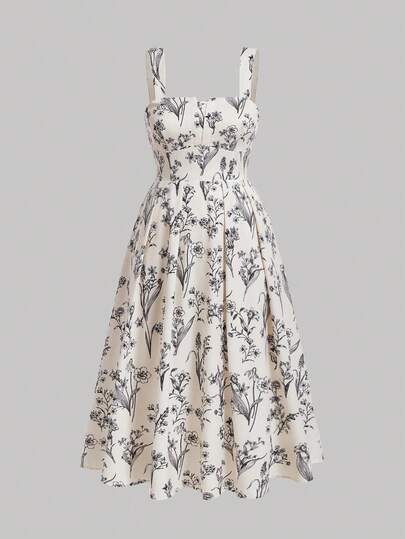SHEIN MOD Plus Size Vintage Floral Printed Long Spaghetti Strap DressChic Plus Size Floral Midi Dress Sweetheart Neck Tea Length Spring Summer Apparel., Summer,Beach Dress Sundress,Holiday Outfits Boho.