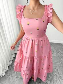 Elenzga 大码女式优雅春夏粉色碎花A字连衣裙，腰部收紧，肩部褶裥设计，巧妙遮掩腹部。适合毕业典礼、节日、情人节、音乐节、母亲节、万圣节、感恩节、复活节、国庆节、晚会、约会、派对、婚礼和户外活动等场合。 - 粉色 - 查看 2