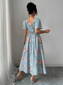 Vestido elegante de mujer con estampado floral, cuello cuadrado y mangas de vuelo ideal para vacaciones - Azul - Ver 2