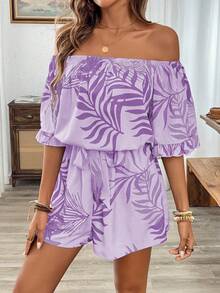 Breezaya Bộ áo liền quần trễ vai xếp nếp kiểu Hawaii - Màu tím - Xem 6