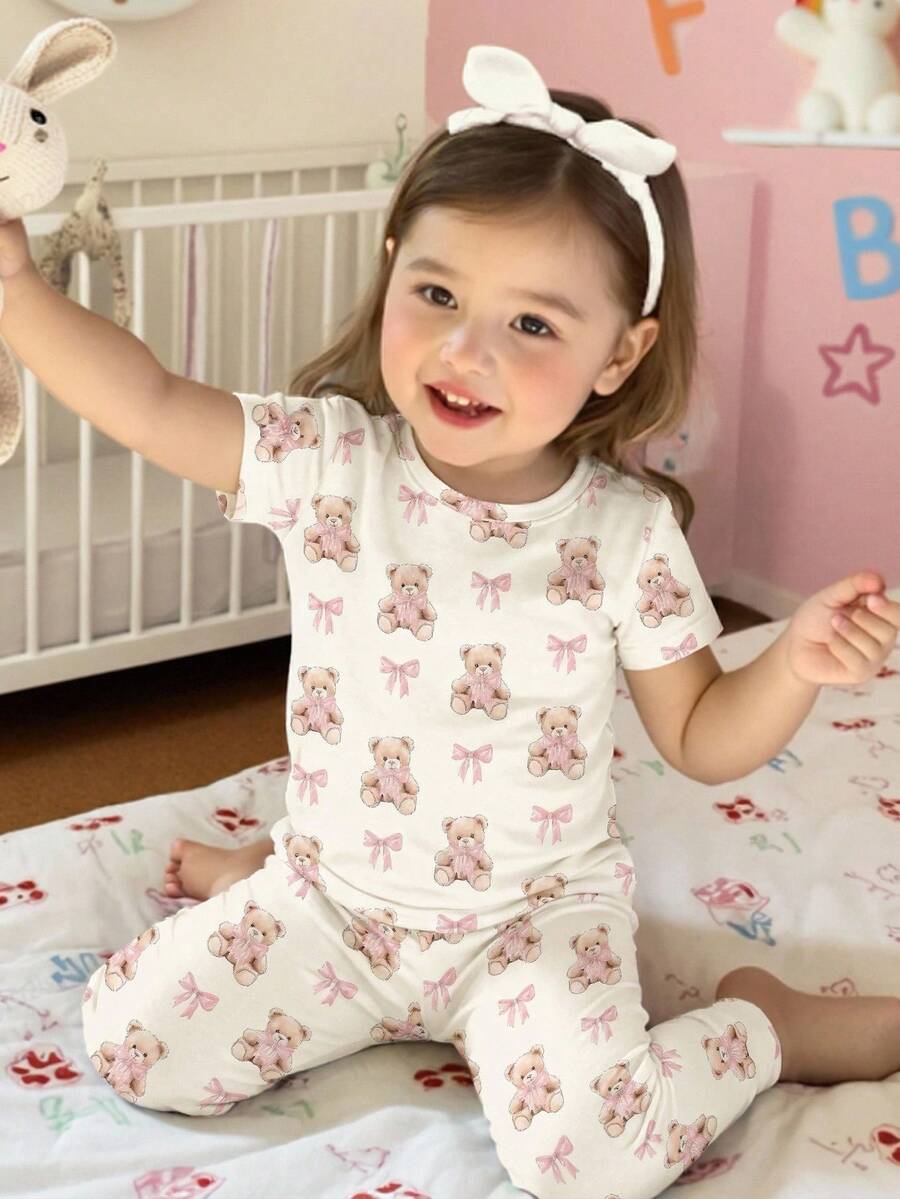 SHEIN 2件套女童针织小熊蝴蝶结图案圆领T恤和打底裤睡衣套装 - 米色 - 查看 1