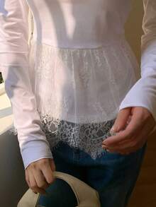 FRIFUL Women's Crew Neck Fitted Lace Patchwork Hem Sweet Layered Long Sleeve T-Shirt, Spring/Summer - White - View 8