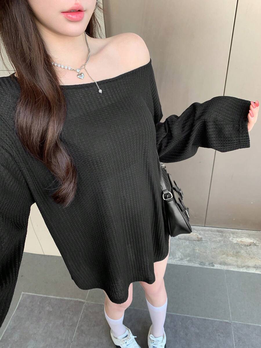 DAZY 女款鏤空肩開衩寬鬆Y2K休閒T恤,適合校園、日間日常、約會之夜,黑色,秋季 - 黑色 - 查看 1