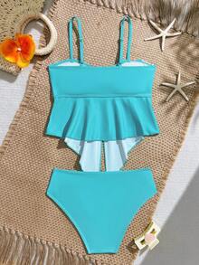 SHEIN 少女休闲浅蓝色底妆大花朵针织运动网拼接两件式泳衣套装，时尚休闲精致华丽，适合夏季海滩、泳池、夏季假日派对等场合。花朵泳衣高腰泳装套装蝴蝶结泳衣芙蓉花泳衣 - 彩色 - 查看 2