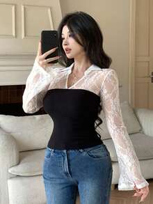 DAZY Black And White,Autumn,Elegant,Dinner Date Lace Hollow Out Contrast Color Splice Sheer Blouse,Flare Sleeves Slim Fit Long Sleeve Top For Women,Party - White - View 5