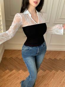 DAZY Black And White,Autumn,Elegant,Dinner Date Lace Hollow Out Contrast Color Splice Sheer Blouse,Flare Sleeves Slim Fit Long Sleeve Top For Women,Party - White - View 8