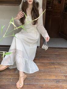 DAZY 女士法式蕾丝边饰薄纱雪纺上衣和半裙两件套 - 杏色 - 查看 6