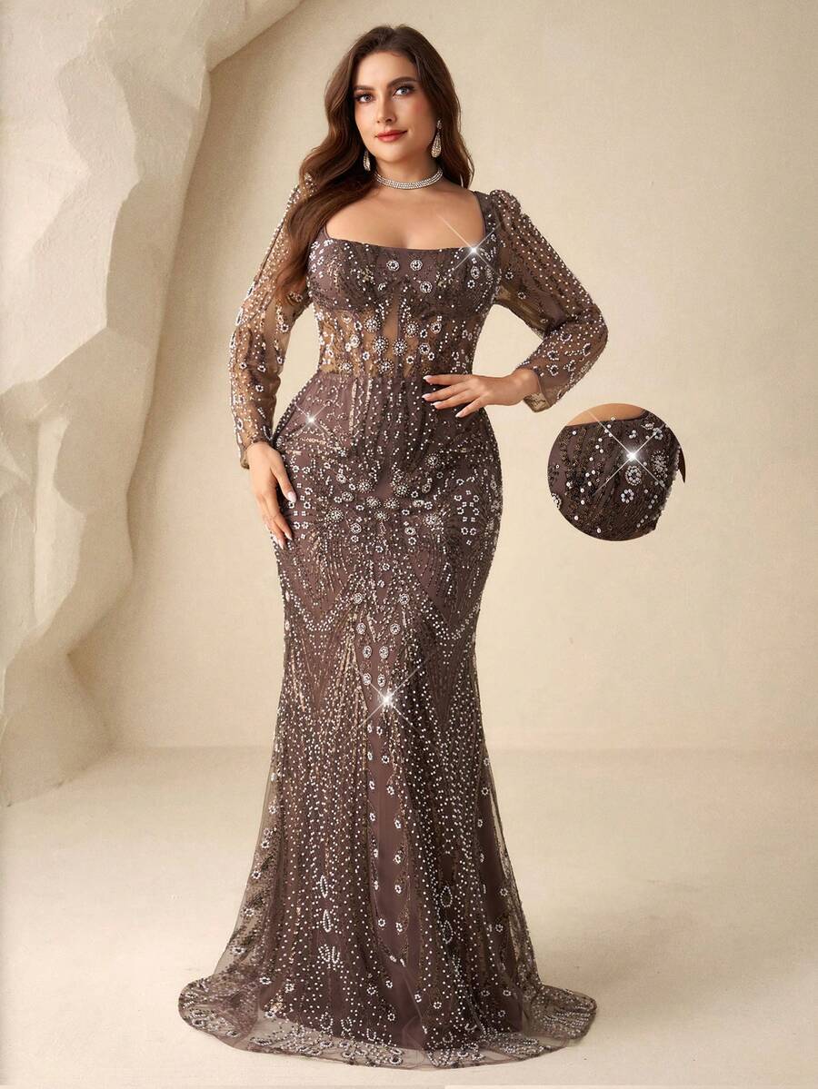 Coutiva Đầm dài tay đính sequin ngọc trai sang trọng cỡ lớn với cổ vuông khoét sâu và lưng hở (thiết kế cao cấp, bền chắc) cùng chân váy kiểu đuôi cá; thích hợp cho các sự kiện dạ hội trang trọng, dự đám cưới, lễ tốt nghiệp và tiệc sinh nhật.