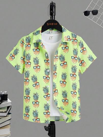 SHEIN Boys' Tropical Print Short Sleeve Casual Shirt, Versatile Design For Beach, Travel, Vacation, Suitable For Older Kids Summer Y2k Vacation Goth Gothic Streetwear Sumwon Burgundy Holiday Vintage Boho Festival Gras Party Cute Birthday Boys Modest Home Casual Cozy