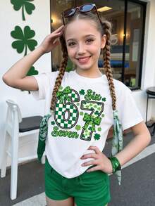 少女春夏休闲时尚创意个性清新优雅简约格子、三叶草、蝴蝶结、数字67、四叶草、字母印花舒适基础款短款T恤，日常穿着舒适，适合春、夏、秋季及假日氛围，上衣 - 白色 - 查看 3