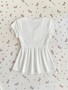 Sweetra Women's Spring/Summer White French Romantic Lace Patchwork V-Neck Tie Top - White - View 4