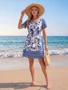 Sylviya Vestido casual de mujer con estampado floral, cuello en V, manga corta y cintura con cordón con borlas - Azul - Ver 5