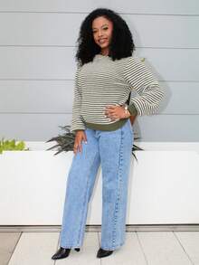 Steph T 女士秋冬时尚露肩领不对称领条纹长袖毛衣海岸魅力条纹落肩毛衣海军风毛衣 - 軍綠色 - 查看 5